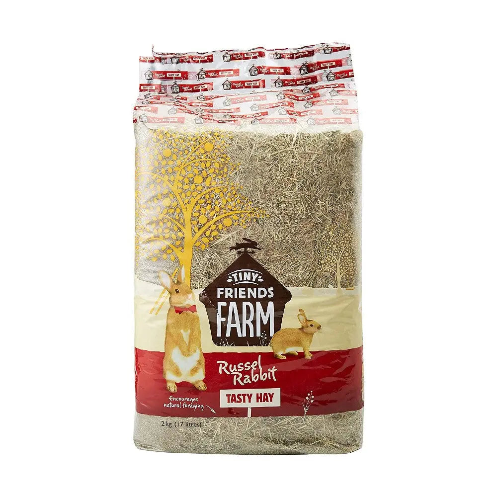 Tiny Friends Farm Russel Rabbit Tasty Hay in a bag, perfect for small pets' nutrition and enjoyment.