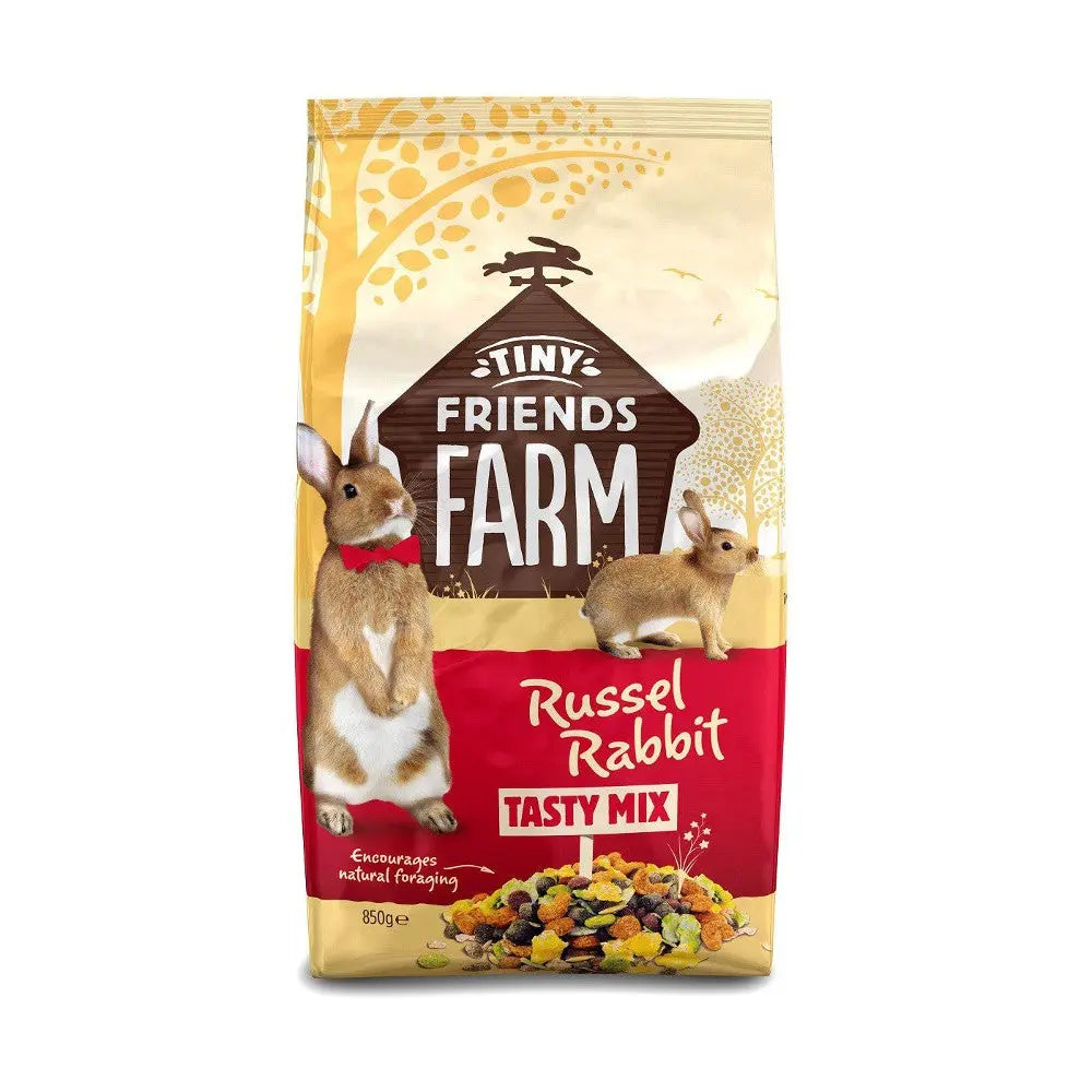 Tiny Friends Farm Russel Rabbit Tasty Mix bag, featuring natural ingredients for healthy rabbit feeding.