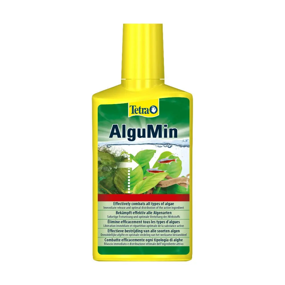 Tetra AlguMin algae treatment bottle for effective algae control in aquariums.