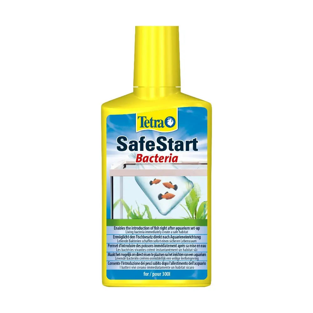 Tetra SafeStart Bacteria for aquariums, promoting healthy fish introduction and water balance.