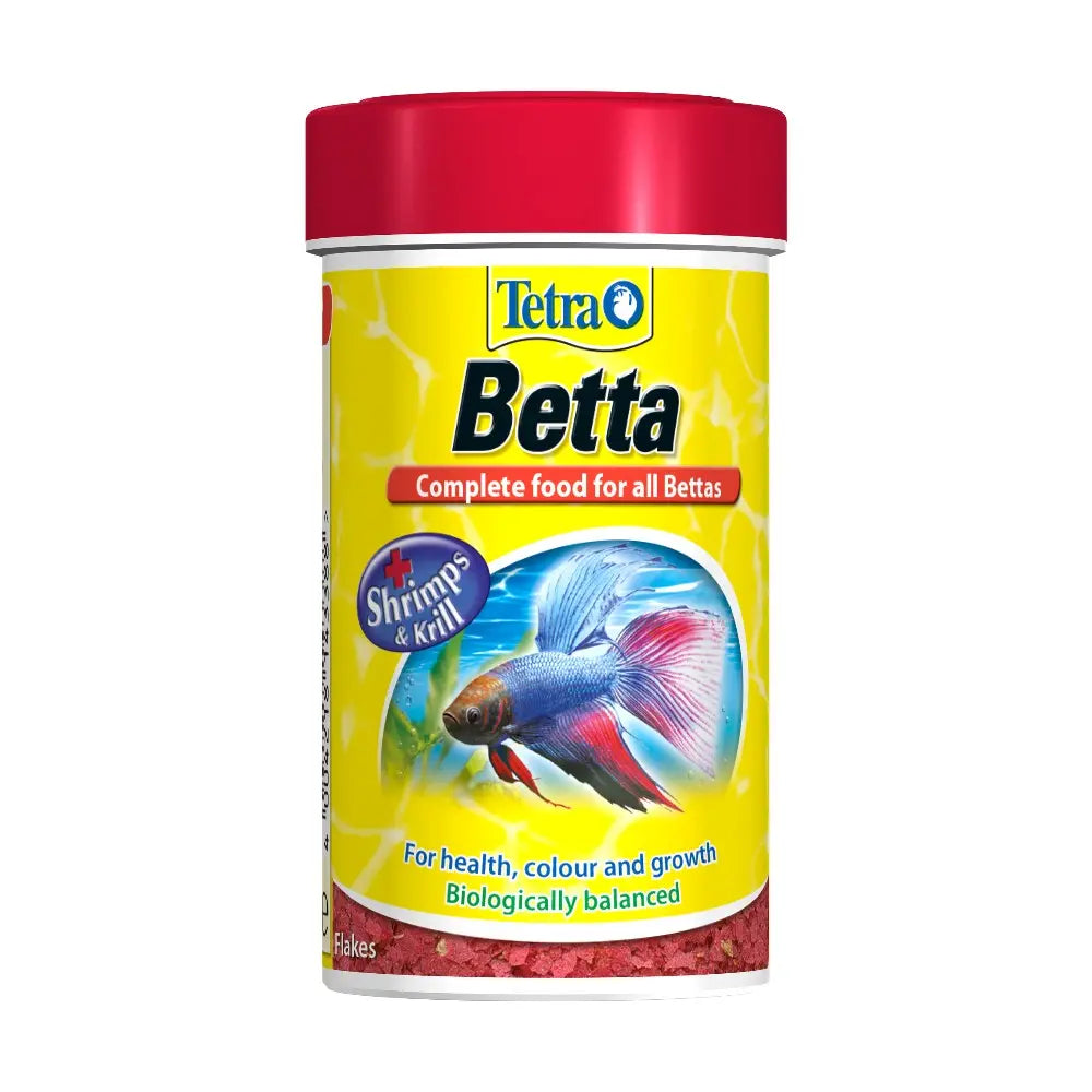 Tetra Betta food flakes with shrimp and krill for vibrant, healthy Betta fish growth.