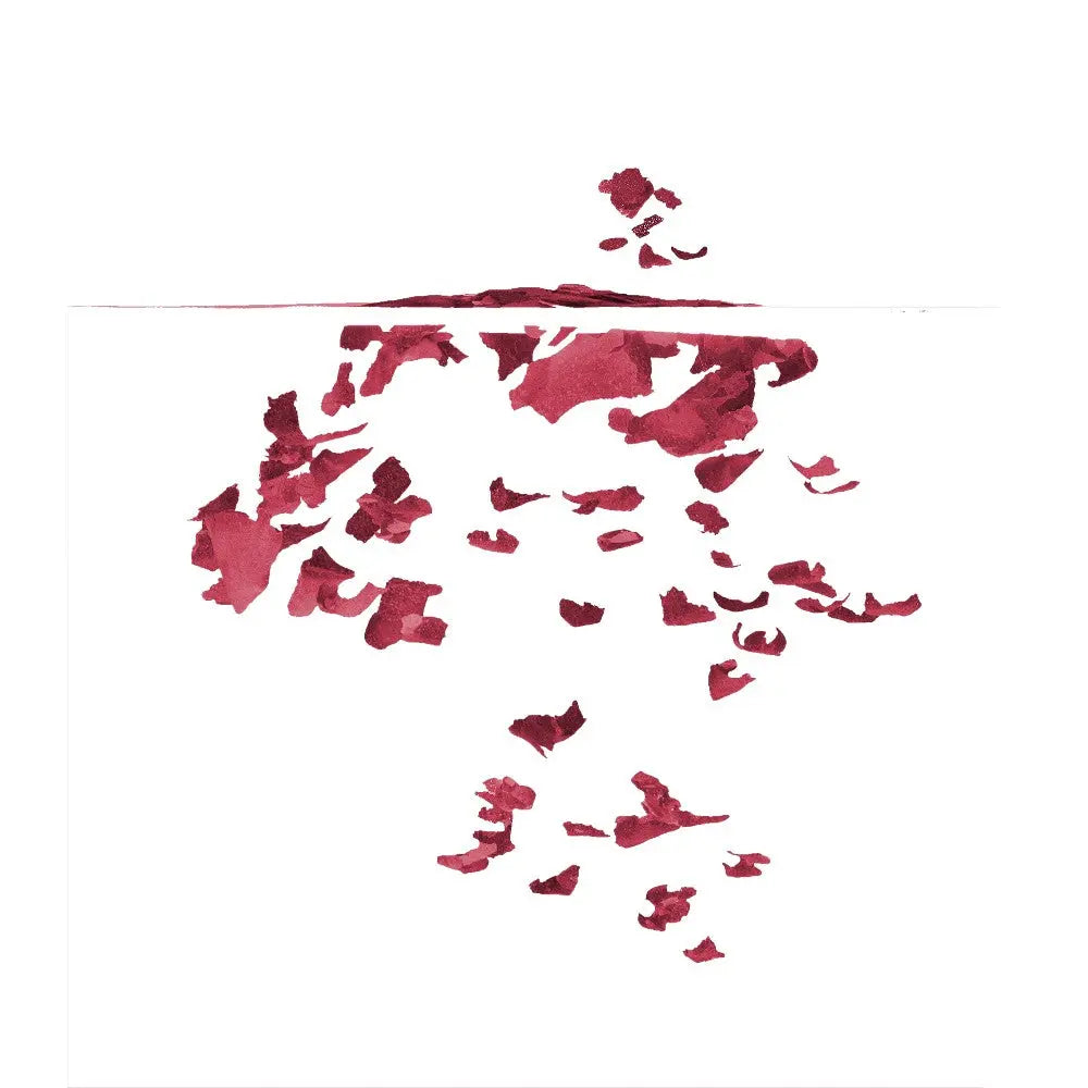 Abstract watercolor art featuring floating red shapes against a white background.