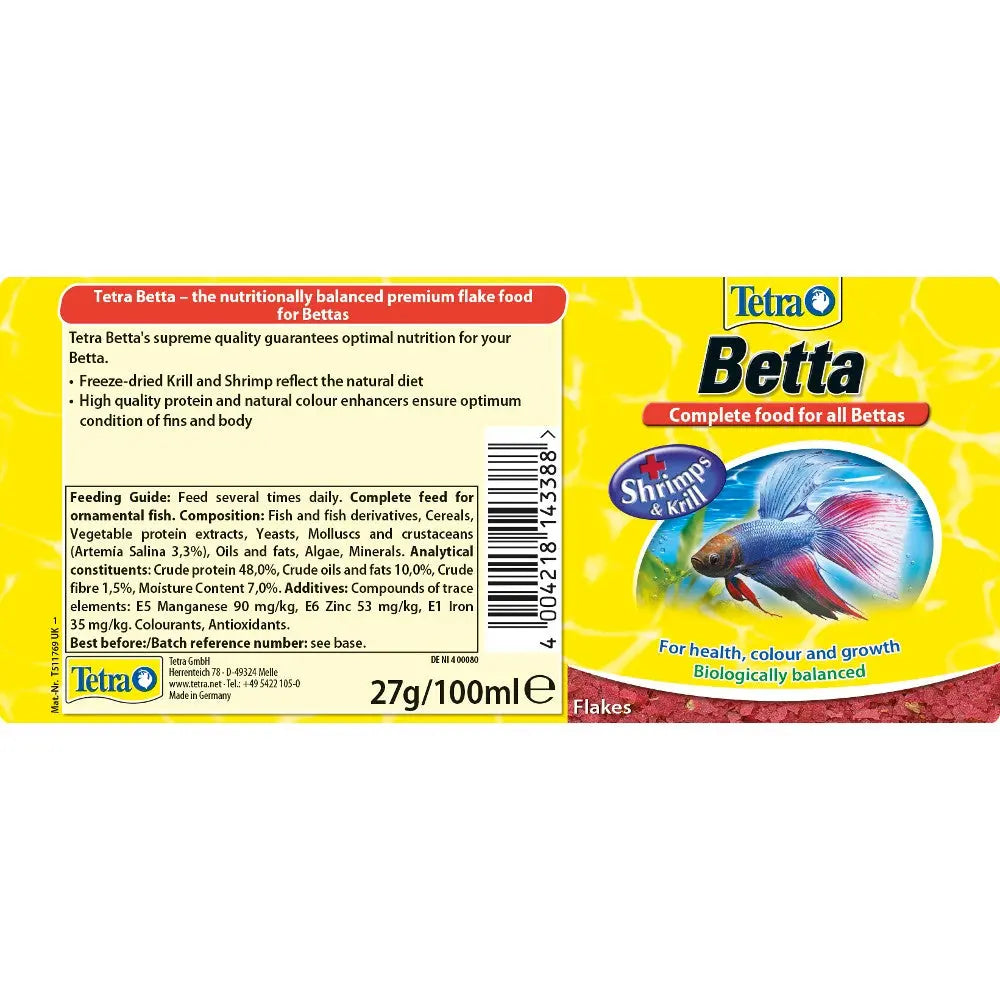Tetra Betta flake food with shrimp and krill for vibrant, healthy Betta fish.