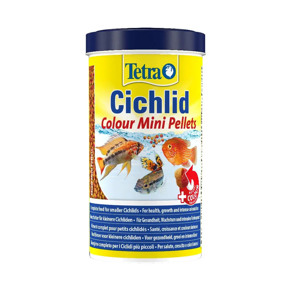 Tetra Cichlid Colour Mini Pellets for vibrant, healthy fish growth and nutrition in a convenient packaging.