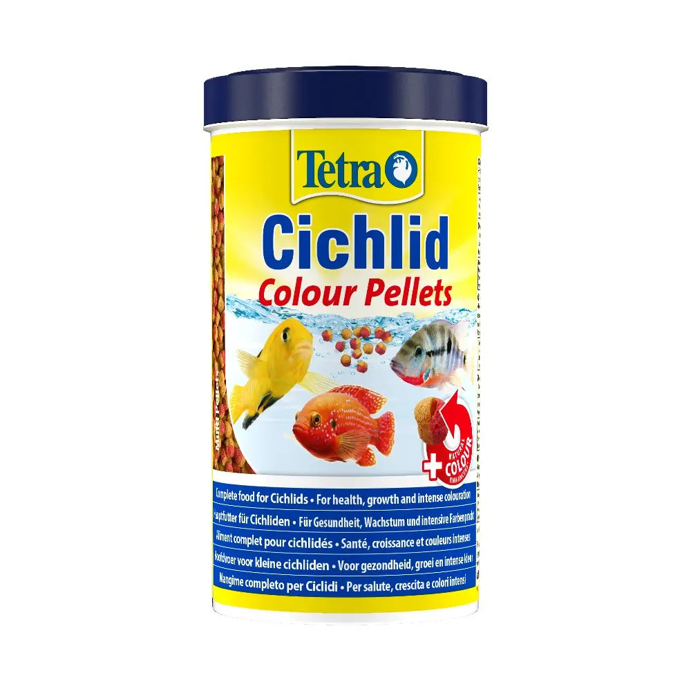 Tetra Cichlid Colour Pellets for vibrant fish health and growth in a convenient packaging.