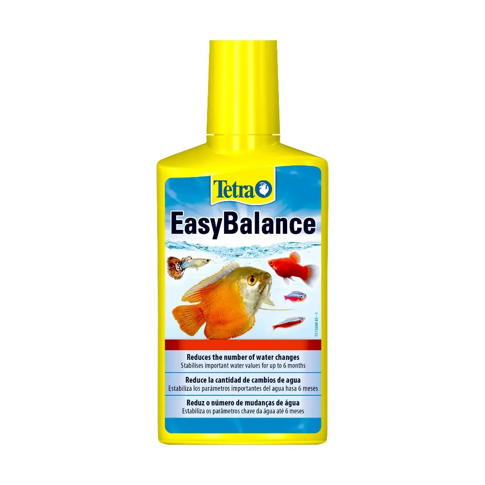 Tetra EasyBalance water conditioner reduces water changes for healthy fish and stable aquarium conditions.