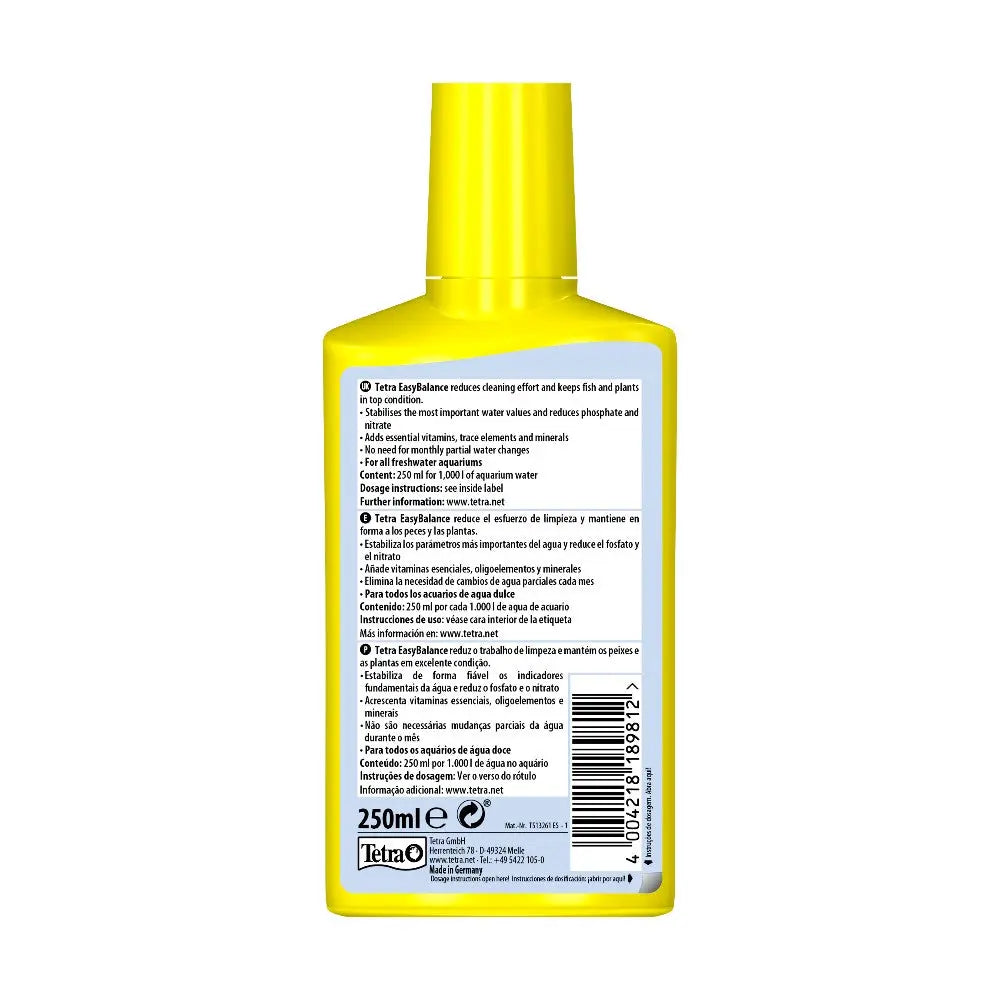 Tetra EasyBalance liquid for aquarium maintenance, 250ml bottle with detailed usage instructions.