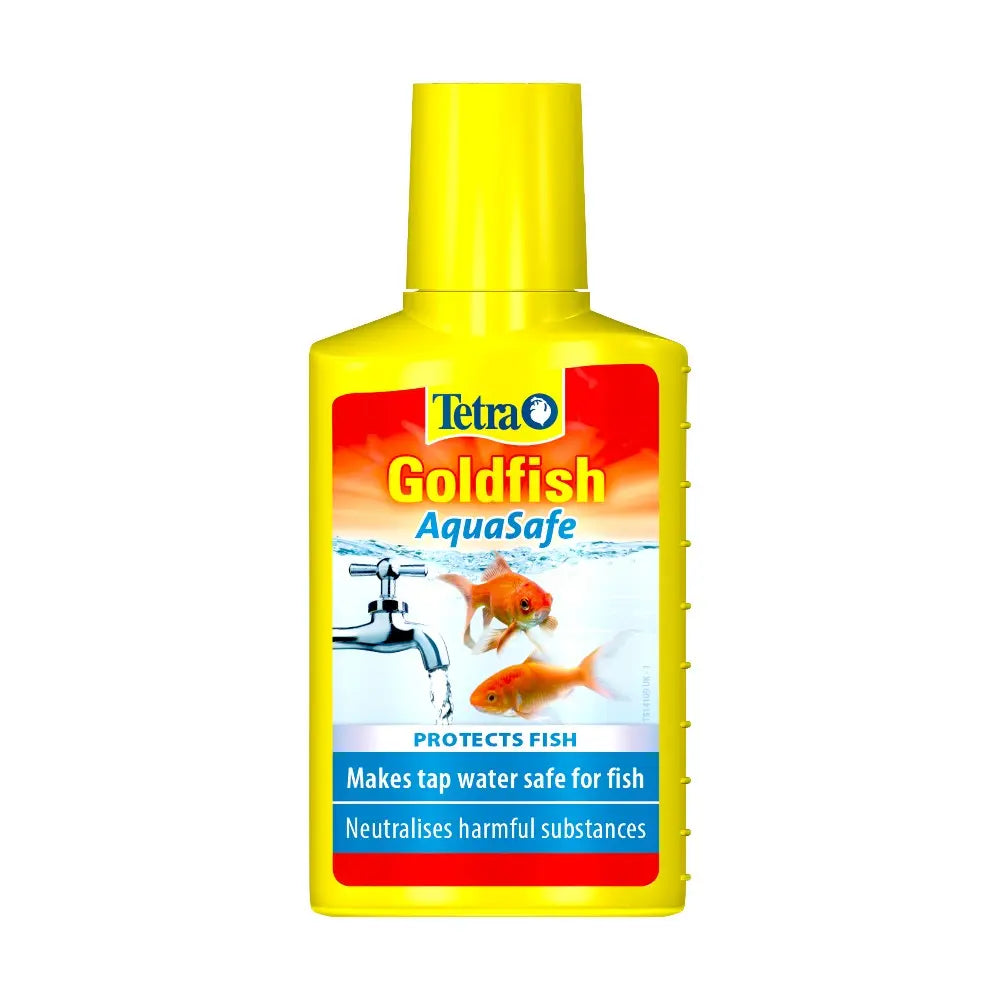 Tetra Goldfish AquaSafe bottle for making tap water safe for goldfish, featuring a bright yellow design.