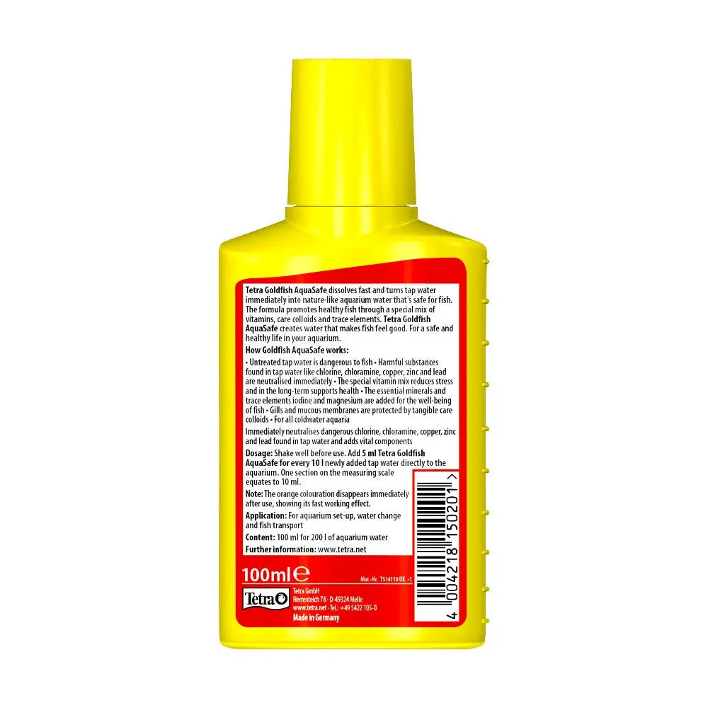 Tetra Goldfish Aquasafe water conditioner for healthy fish, 100ml bottle with clear usage instructions.