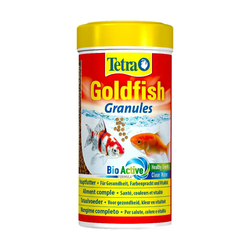 Tetra Goldfish Granules for healthy fish, vibrant colors, and clear water in a convenient packaging.