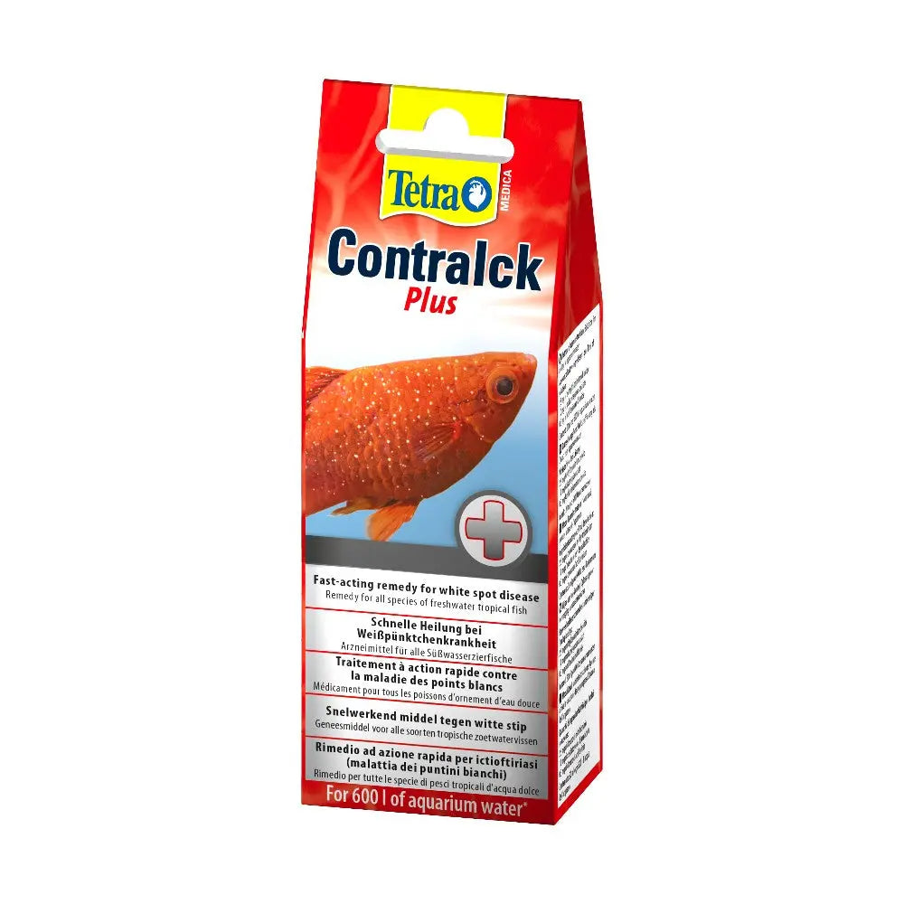 Tetra Contralck Plus treatment for white spot disease in aquarium fish, 600L dosage instructions.