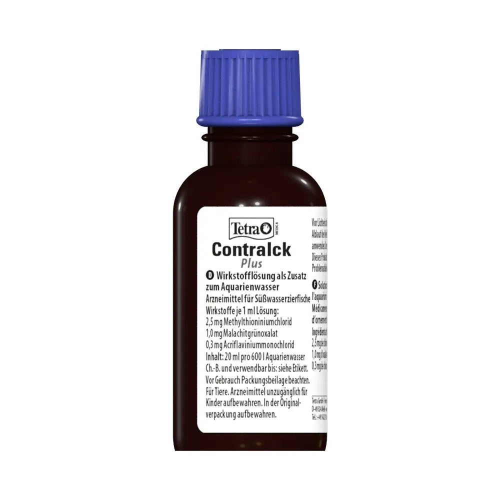 Tetra Contralck Plus bottle for aquarium water treatment, featuring dosage instructions and active ingredients.