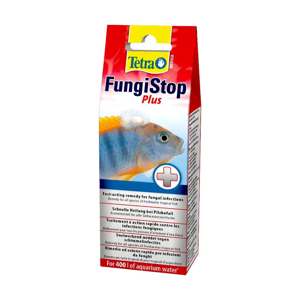 Tetra FungiStop Plus packaging for treating fungal infections in aquarium fish.
