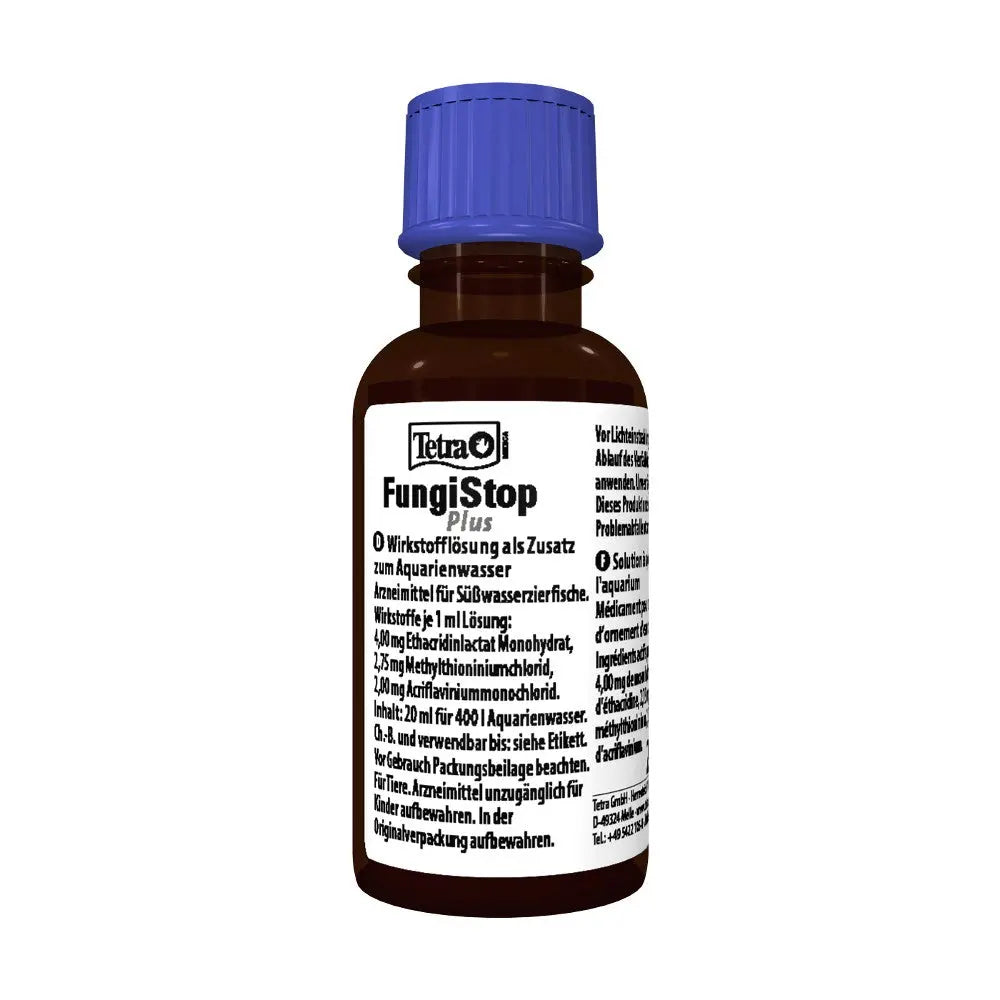 Tetra FungiStop Plus bottle for aquarium water treatment, featuring dosage instructions and ingredients.