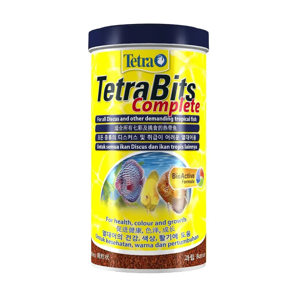 TetraBits Complete fish food canister for healthy, colorful growth in tropical fish.