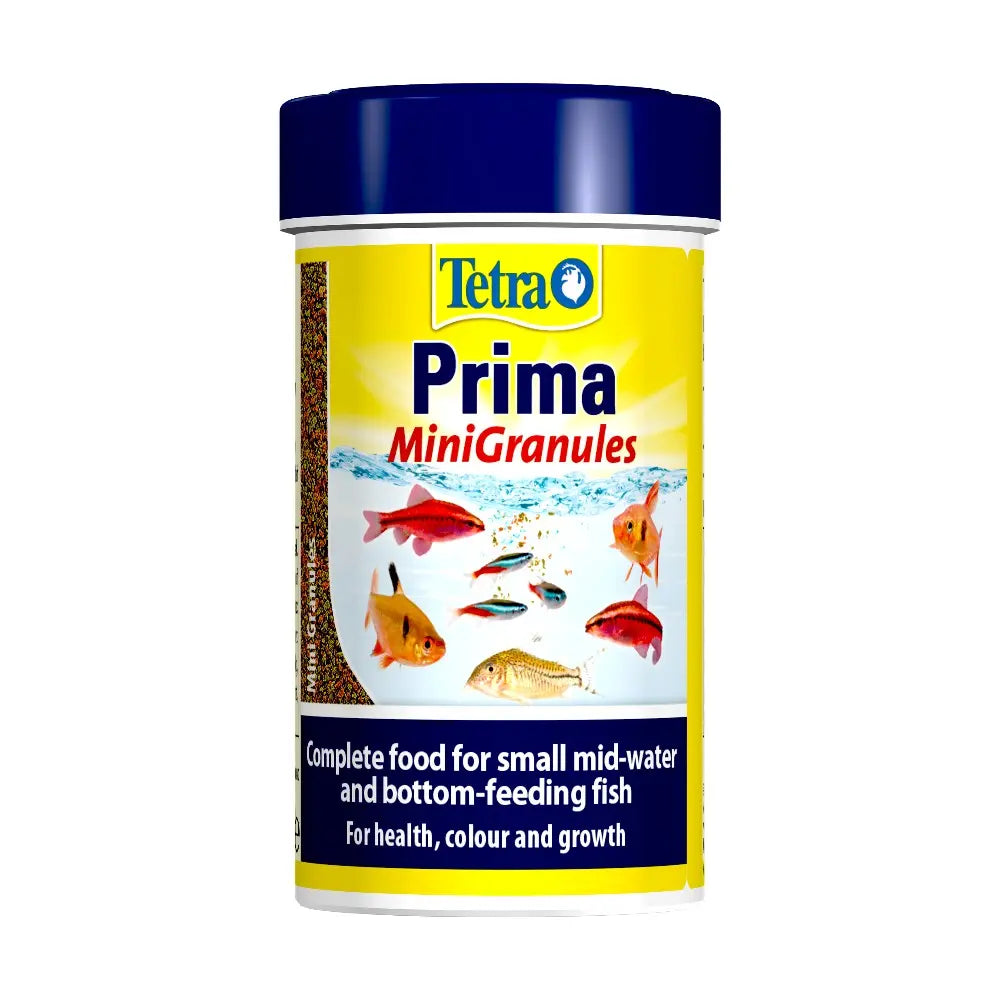 Tetra Prima MiniGranules, nutritious food for small mid-water and bottom-feeding fish, promoting health and growth.