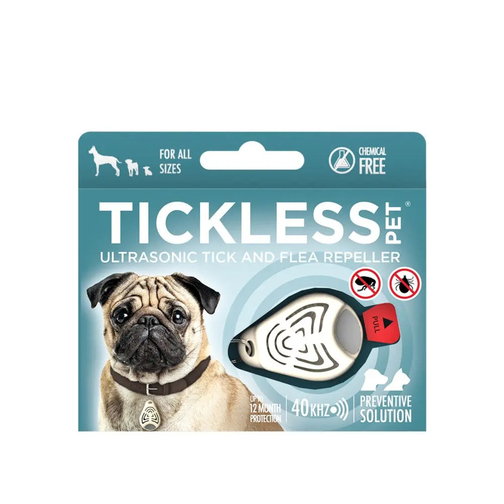 Ultrasonic tick and flea repeller for pets, chemical-free, 12-month protection, suitable for all sizes.