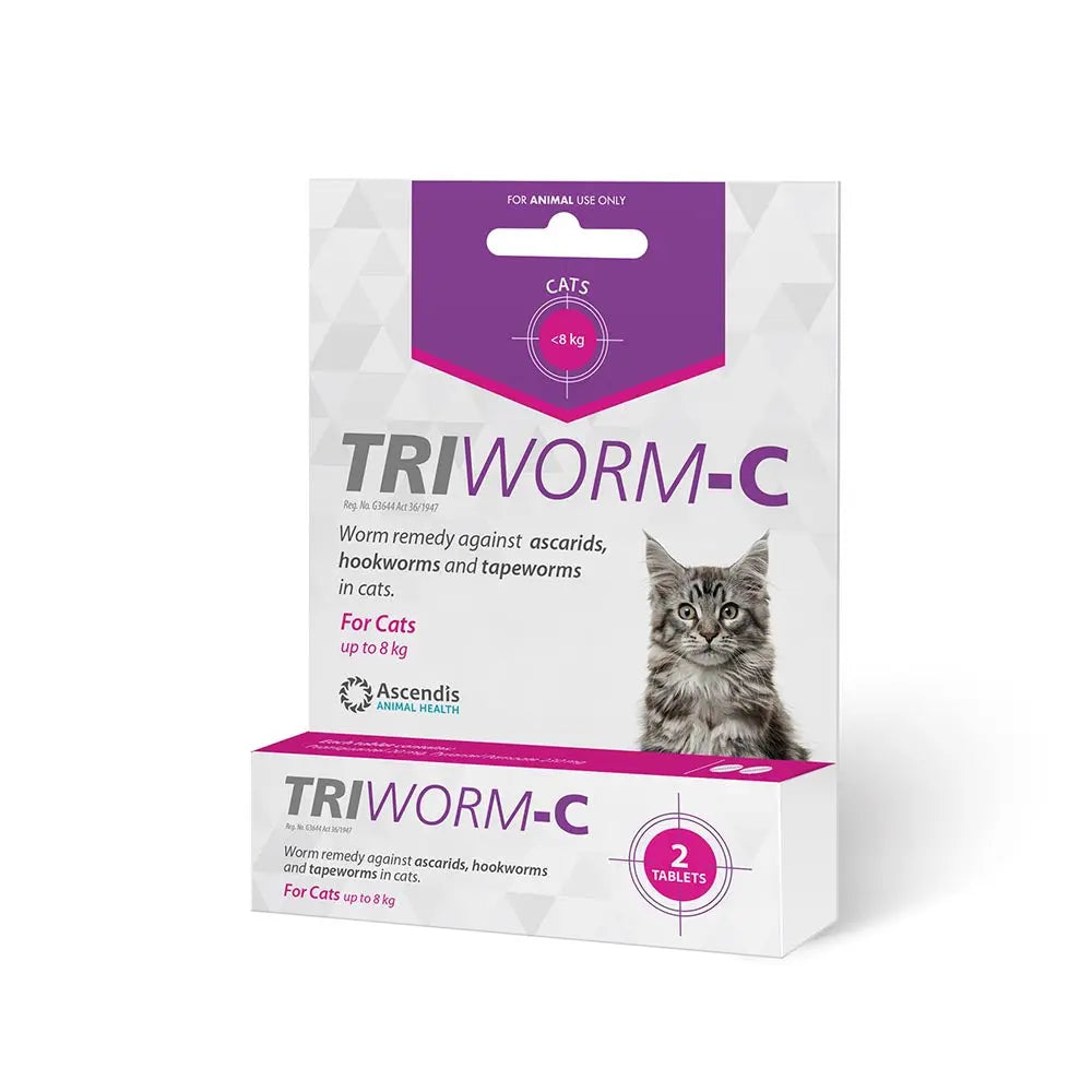Worm treatment for cats, TRI-WORM-C, effective against ascarids, hookworms, and tapeworms.