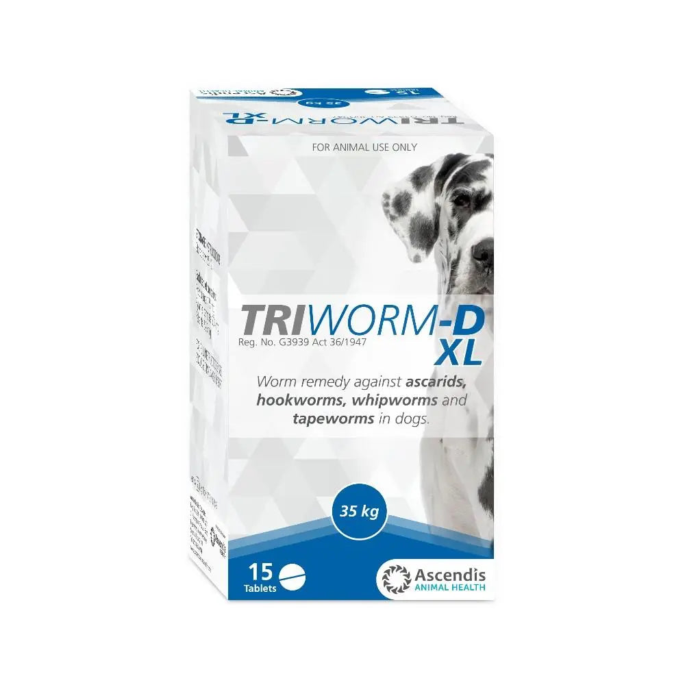 Worm treatment for dogs, TRI-WORM-D XL, effective against various intestinal parasites.