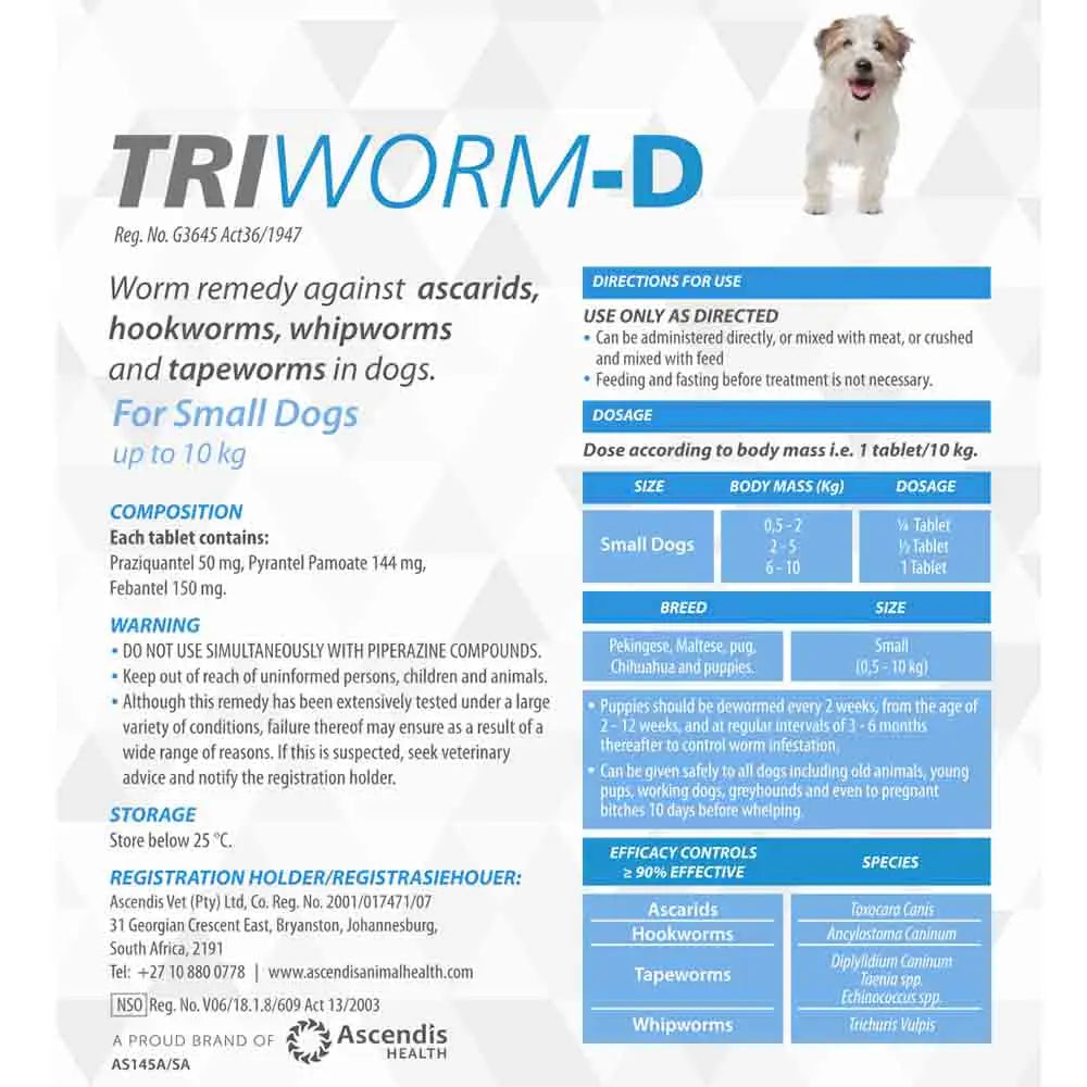 Worm remedy packaging for small dogs, detailing ingredients, dosage, and usage instructions.