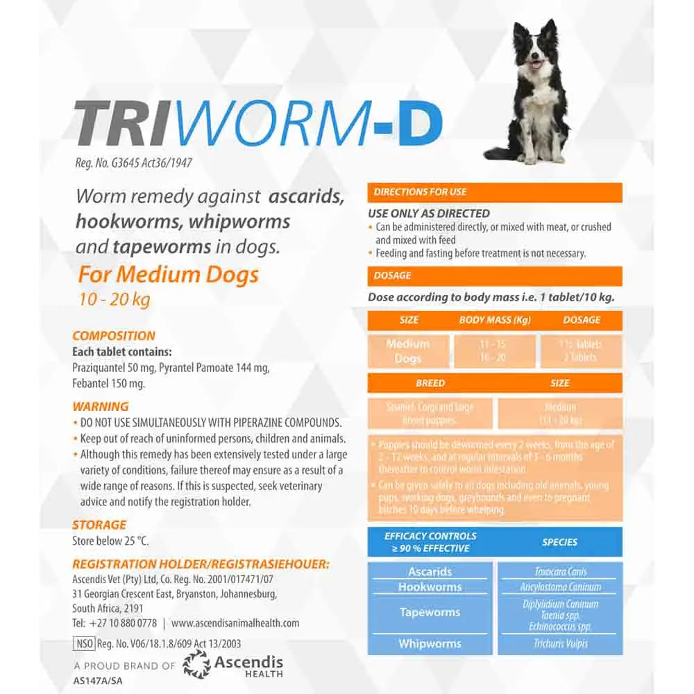 Worm remedy for medium dogs, targeting ascarids, hookworms, and tapeworms with dosage instructions.