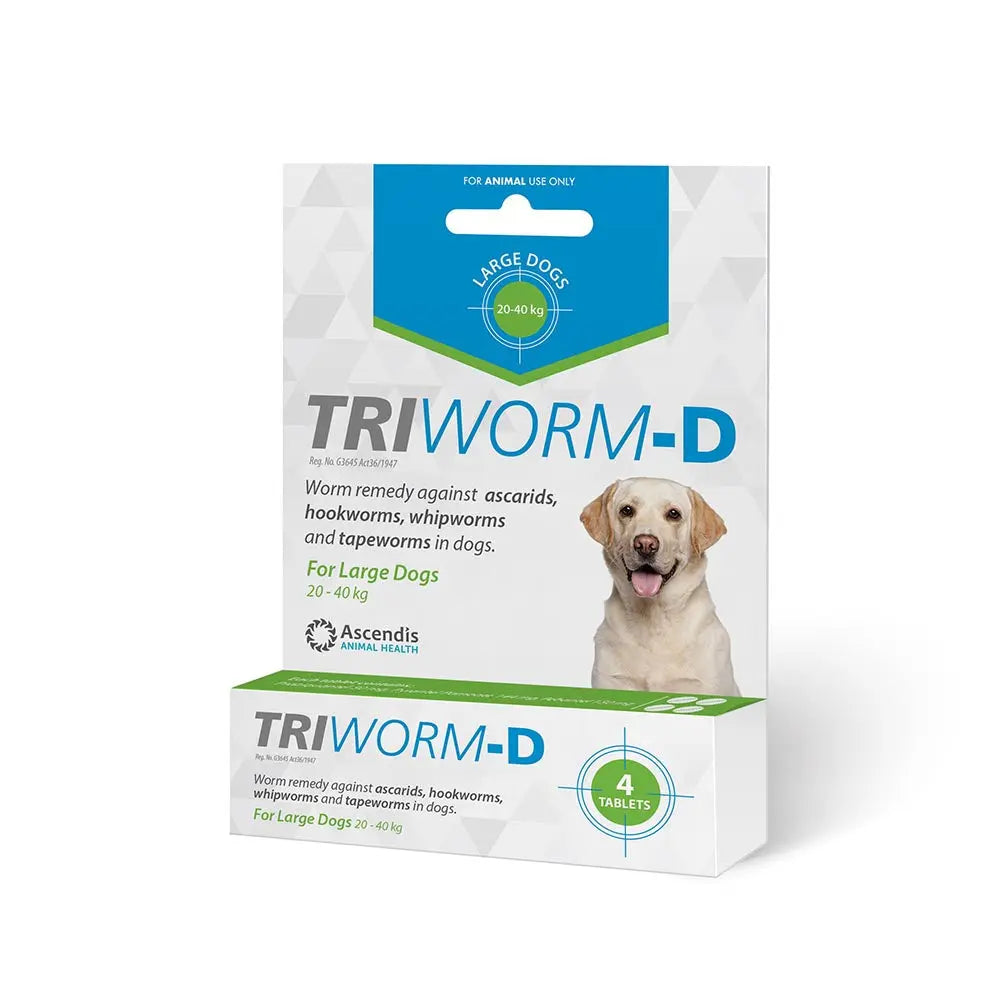 TRI-WORM-D worm remedy packaging for large dogs, effective against various intestinal parasites.