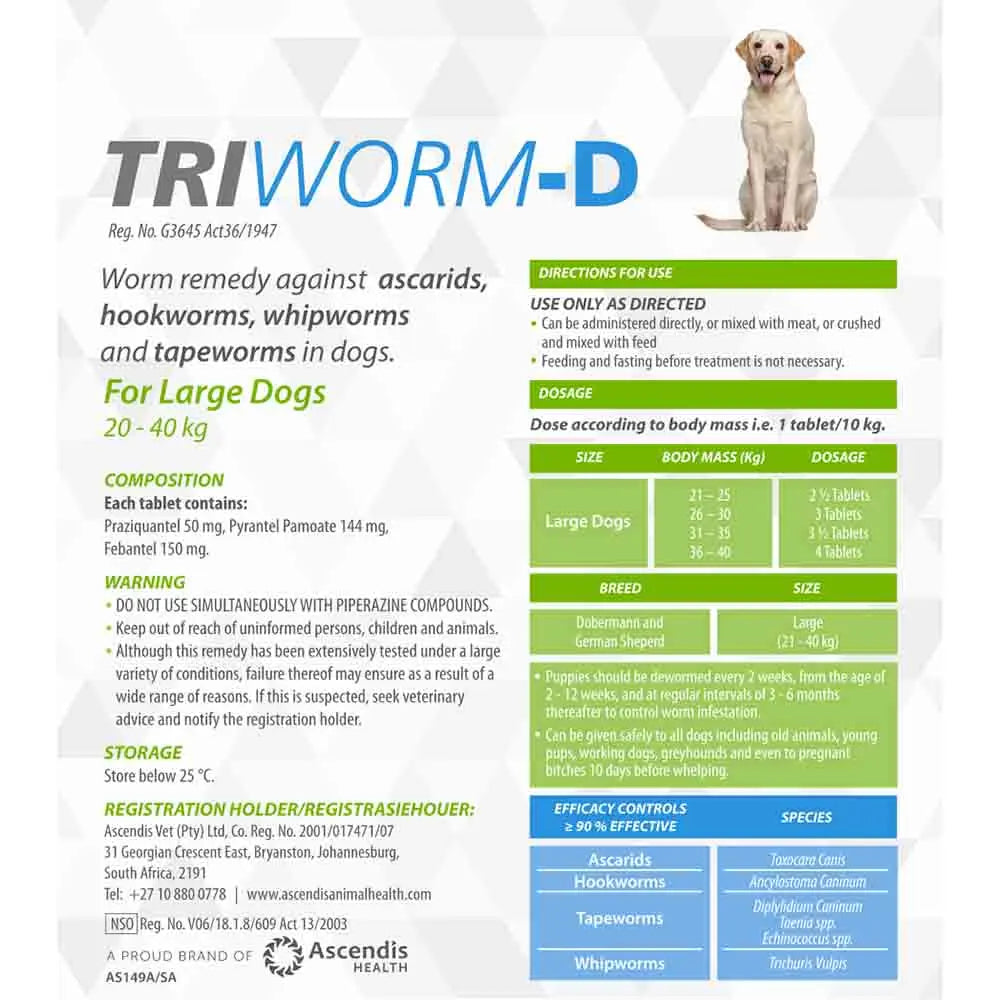 Worm remedy for large dogs, targeting ascarids, hookworms, and tapeworms with dosage instructions.