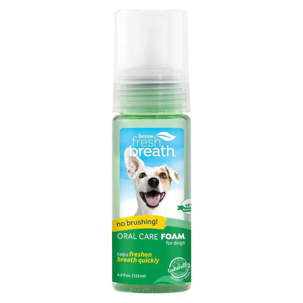 Dog oral care foam for fresh breath, no brushing needed, 4.5 oz bottle with happy dog image.