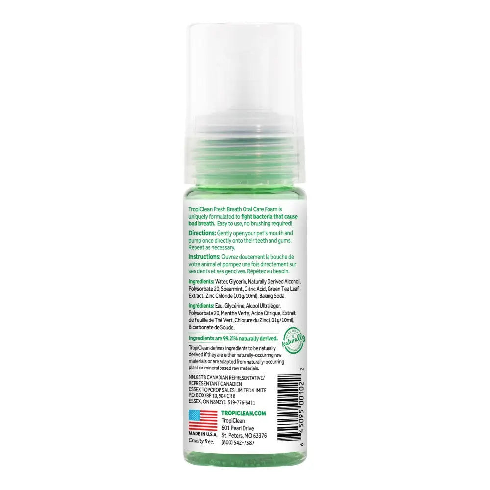 TropiClean Fresh Breath Oral Care Foam for pets, promoting dental health and fresh breath.
