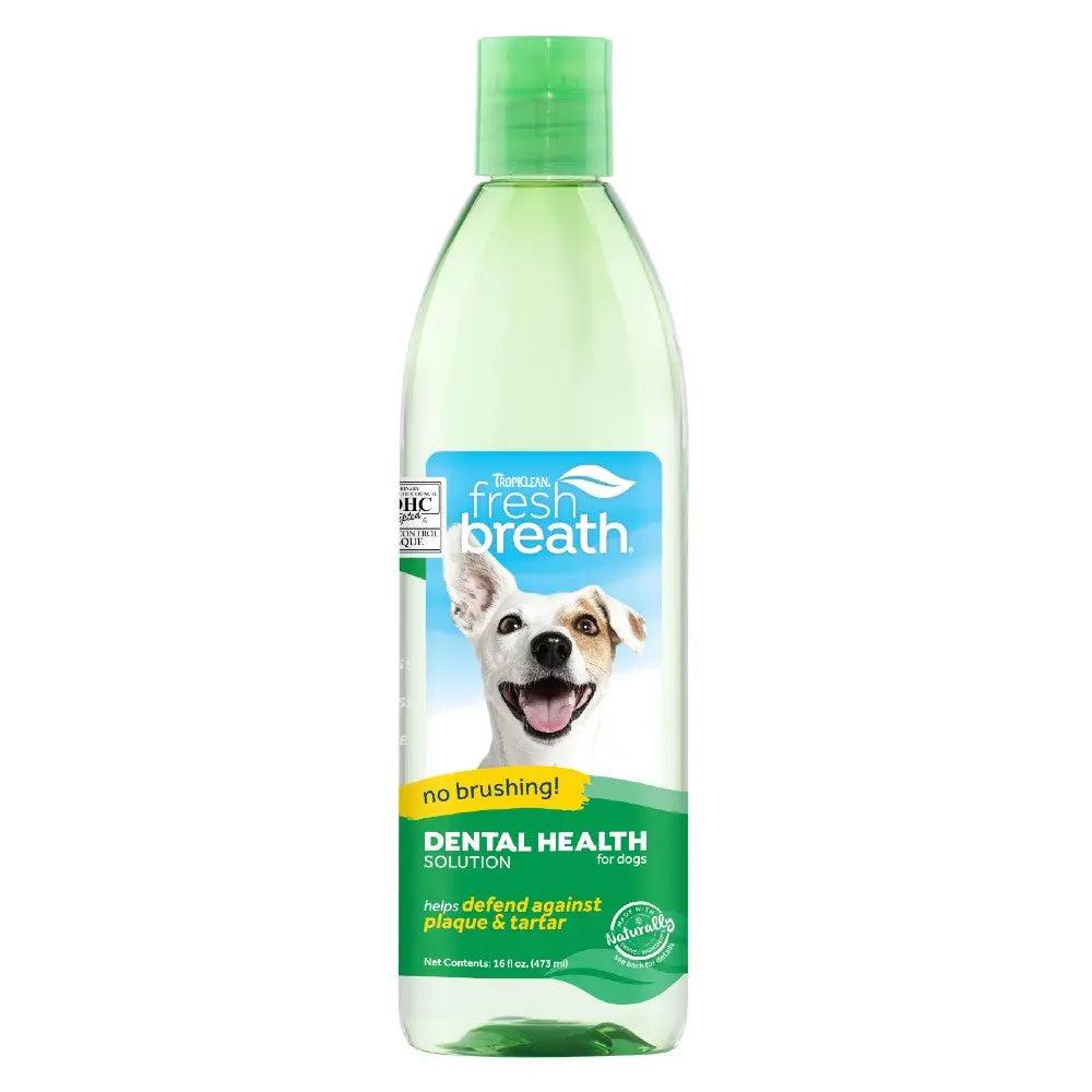 Dental health solution for dogs, promoting fresh breath and plaque defense without brushing.