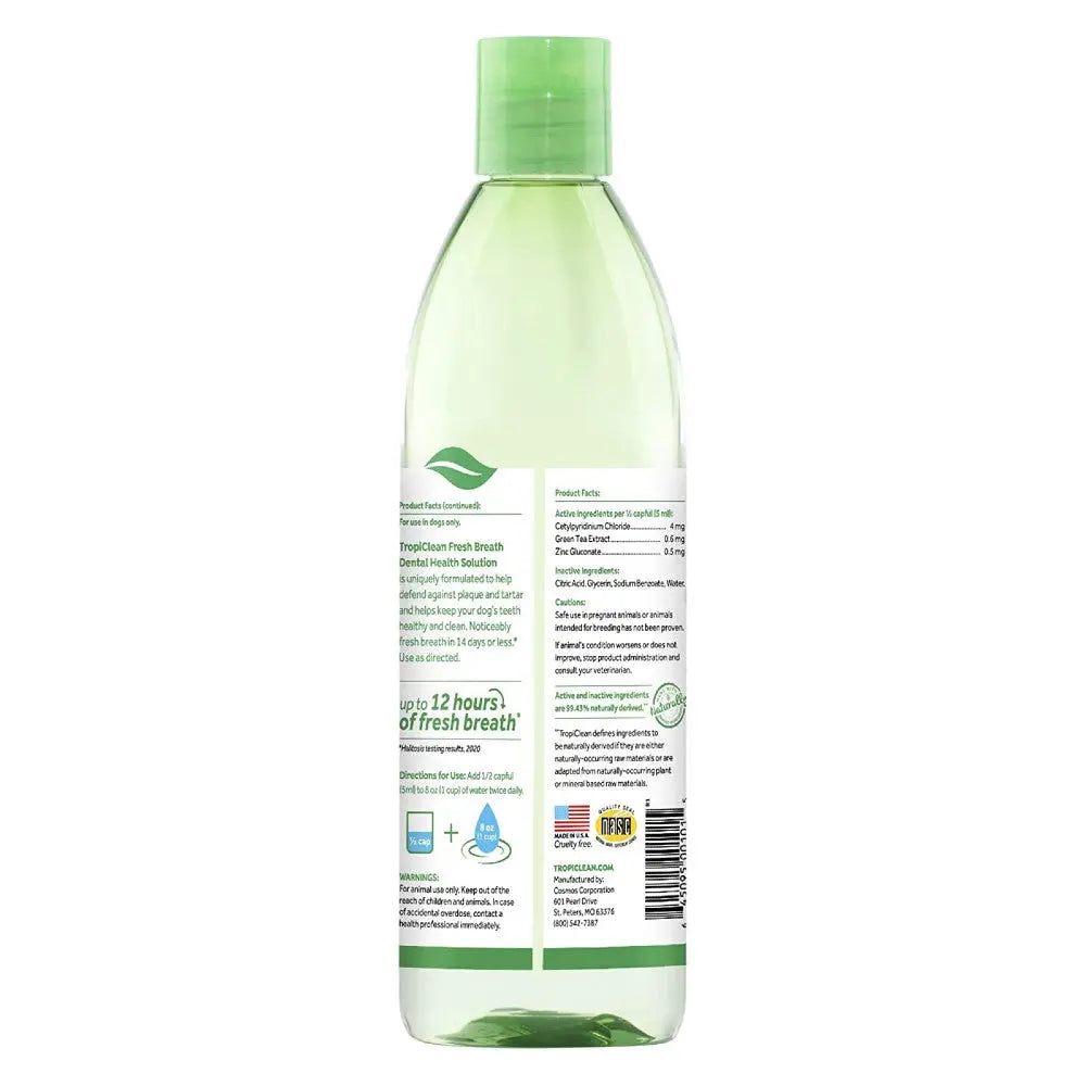 Natural mouthwash bottle with green cap, promoting fresh breath and oral health benefits.
