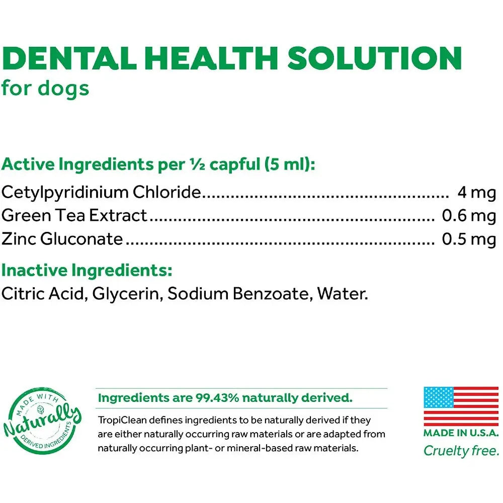 Dental health solution for dogs with active ingredients for oral care and fresh breath.