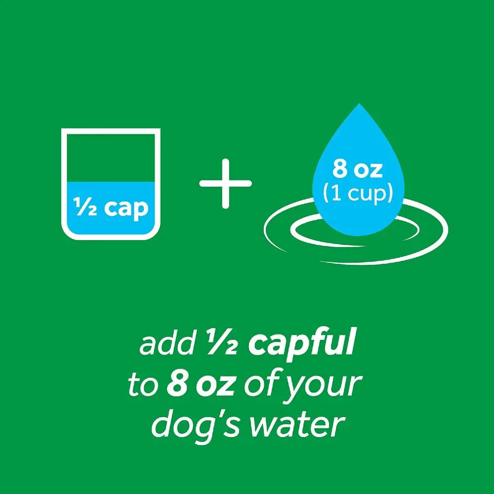 Infographic showing how to add ½ capful to 8 oz of dog water for hydration.