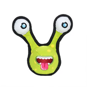 Green alien plush toy with big eyes and a playful expression, perfect for pet playtime.