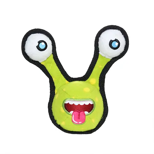 Green alien plush toy with big eyes and a playful expression, perfect for pet playtime.
