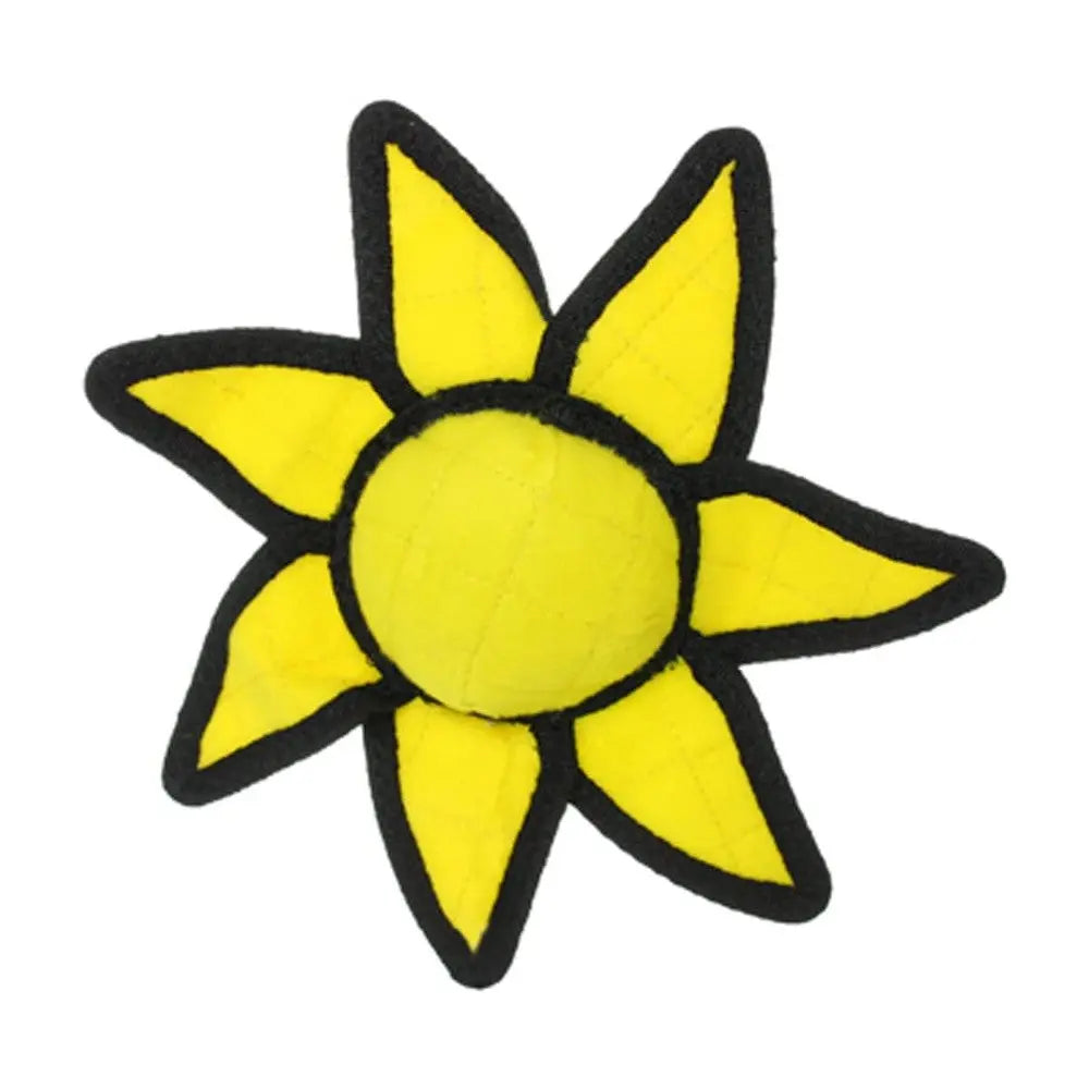 Bright yellow flower-shaped dog toy for interactive play and fun.
