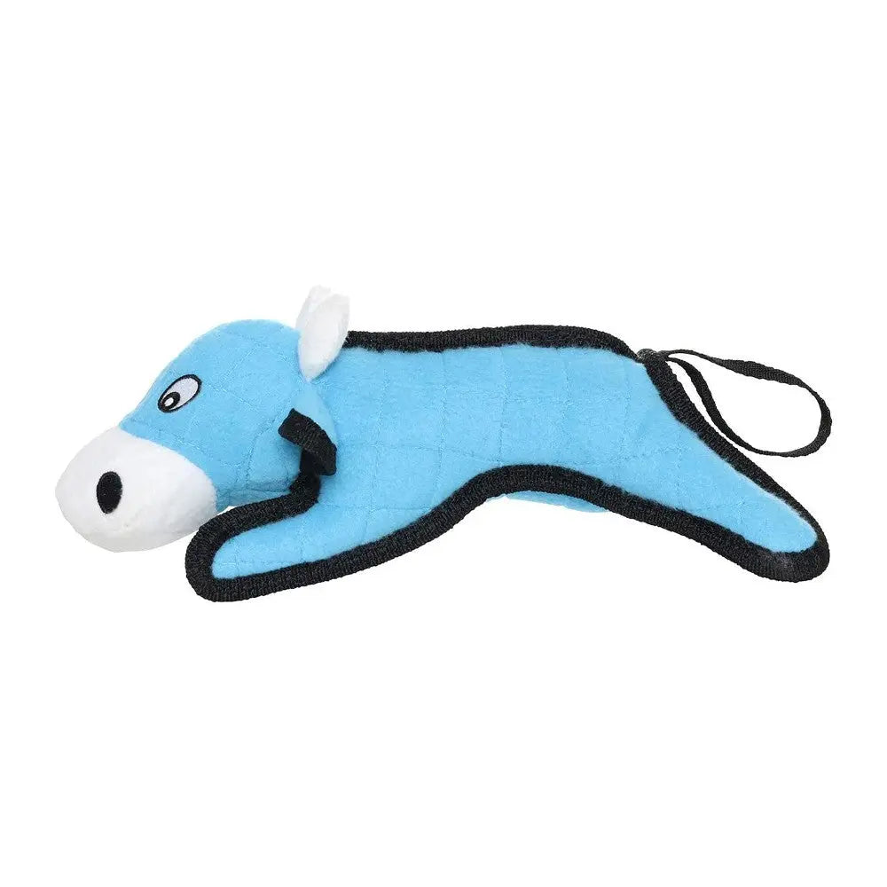 Blue dog toy shaped like a cow, perfect for playful pets and interactive fun.