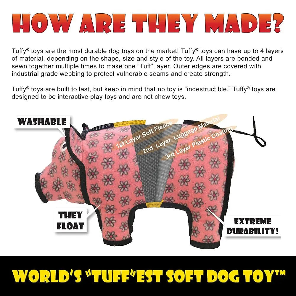 Tuffy's durable pig toy features multiple layers for extreme durability and is washable and floatable.