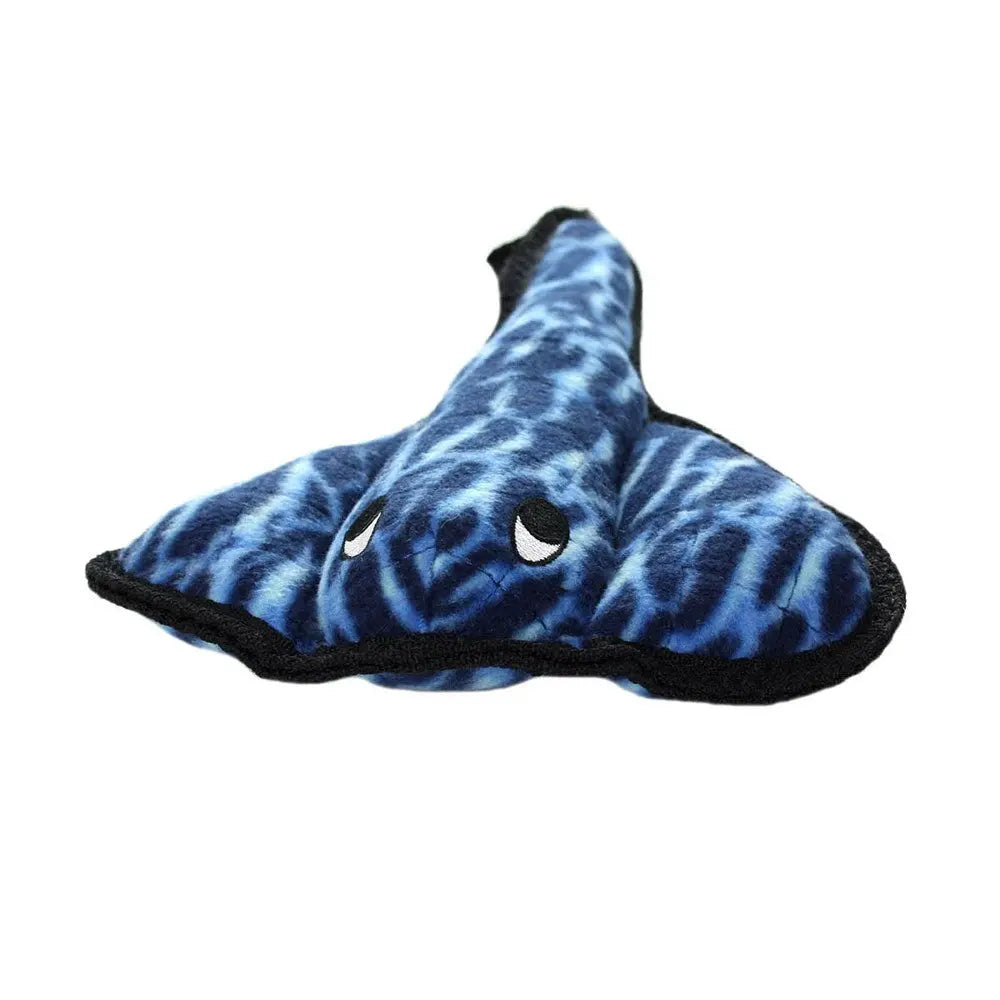 Blue plush whale toy with a soft texture, perfect for cuddling and playtime.