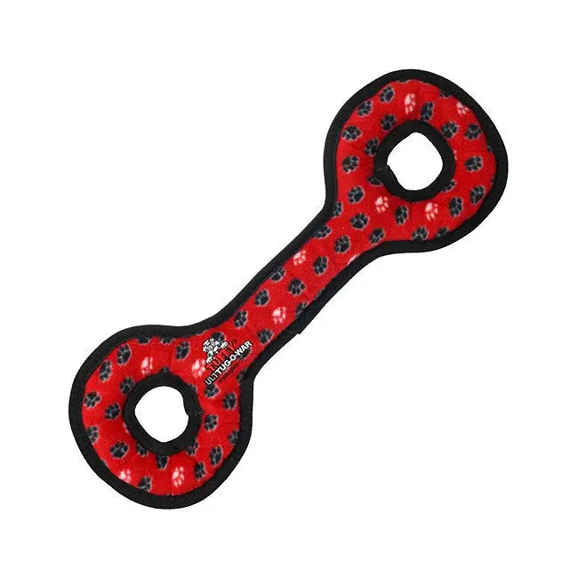 Durable red dog toy with paw print design, perfect for tugging and interactive play.