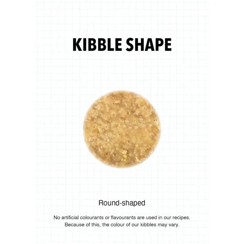 Round-shaped kibble showcasing natural ingredients without artificial colors or flavors.