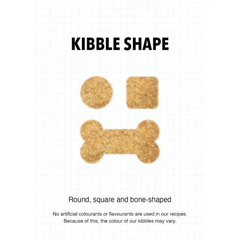 Kibble shapes include round, square, and bone-shaped pieces for pet nutrition.