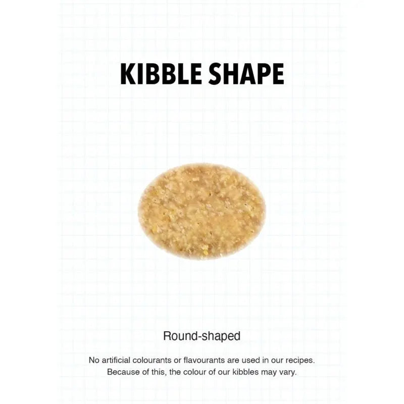 Round-shaped kibble showcasing natural ingredients without artificial colors or flavors.