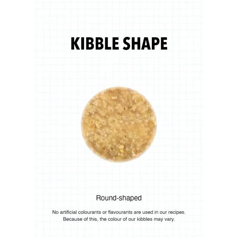 Round-shaped kibble showcasing natural ingredients without artificial colors or flavors.