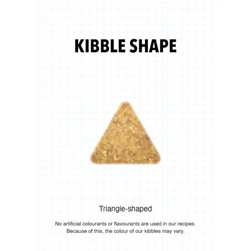 Triangle-shaped kibble showcasing natural ingredients and no artificial additives.