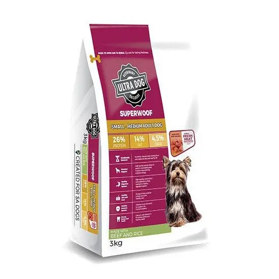 Ultra Dog Superwoof dog food bag featuring beef and rice for small to medium adult dogs.