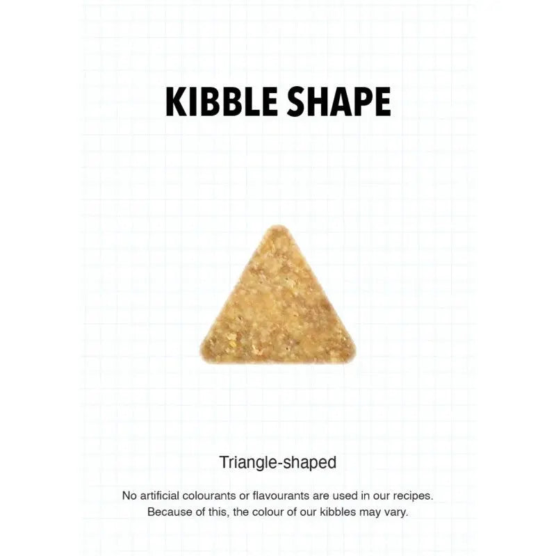 Triangle-shaped kibble showcasing natural ingredients and no artificial additives.
