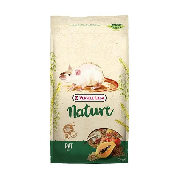 Versele-Laga Nature rat food bag featuring natural ingredients and a papaya illustration.