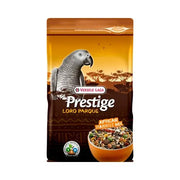 African parrot mix in a vibrant bag featuring a grey parrot and natural ingredients for healthy feeding.