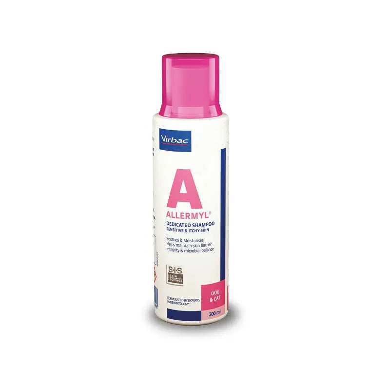 Virbac Allermyl dedicated shampoo for sensitive skin in pets, 200ml bottle with pink cap.